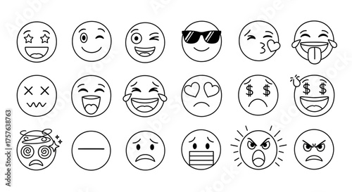 Diverse Set of Outline Emoji Faces, Expressing a Full Spectrum of Emotions from Joy and Love to Sadness and Anger, Ideal for Digital Communication and UI Design
