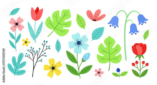 Set of colorful spring and summer flower and leaf illustrations in a flat design style. Diverse botanical elements including tulips, bluebells, and various foliage
