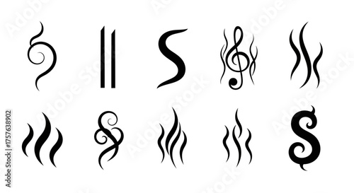 Abstract black and white vector icons of smoke, steam, aroma. Graphic elements for warmth, scent, rising vapor in a clean, illustrative style