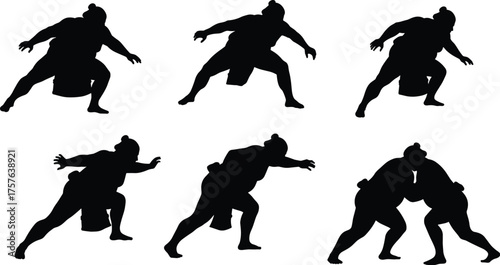 Sumo wrestler silhouette collection, Rikishi in fighting stance and grappling action, Japanese martial arts, traditional heavy weight sport, power and tradition.