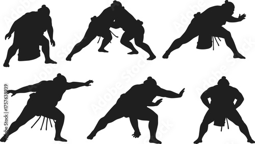 Sumo wrestler silhouette collection, Rikishi in fighting stance and grappling action, Japanese martial arts, traditional heavy weight sport, power and tradition.