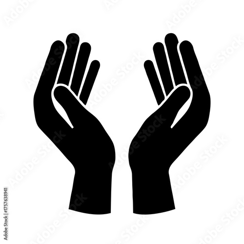 Black silhouette of two human hands held up in a cupped position, minimal flat graphic style, isolated on white background, symbolizing prayer or offering