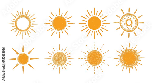 Vibrant collection of hand-drawn sun illustrations in diverse graphic styles, featuring artistic sketches and abstract designs perfect for summer, weather, and cheerful branding