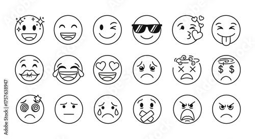 Modern graphic collection of outlined emoji icons, illustrating a vast spectrum of human emotions including delight, love, surprise, sorrow, and irritation, suitable for contemporary digital designs