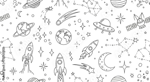 Whimsical hand-drawn seamless pattern featuring a detailed cosmic journey with rockets, planets, stars, and celestial elements, perfect for creative and educational designs