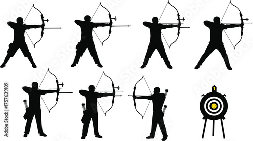 Archery athlete silhouette set, aiming and shooting with a recurve bow, target practice collection, bowman training illustration, sport competition focus.