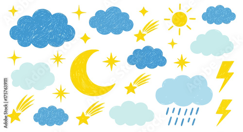 Whimsical hand-drawn weather and celestial doodle collection. Charming crayon-textured elements like clouds, sun, moon, stars, lightning, and rain for playful graphic designs