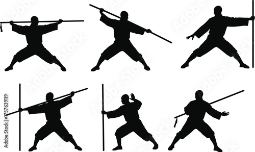 Martial Arts Stick Fighting Training Silhouettes Set: Dynamic Kung Fu or Wushu Weapon Stances and Kata Practice Vector Collection.