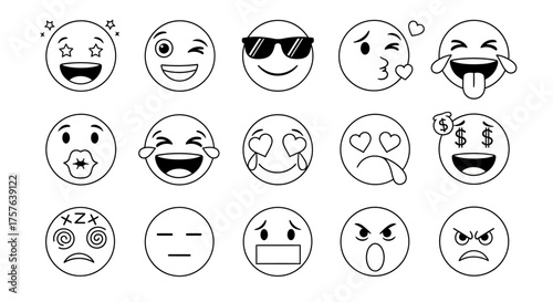 Versatile collection of outline emoji icons, depicting a broad spectrum of human emotions and facial expressions, perfect for digital communication and creative graphic design projects