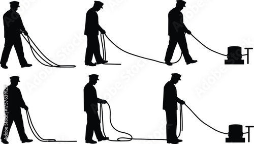 Dock worker silhouette pulling a heavy mooring rope sequence, maritime professional securing a ship's hawser on a capstan, essential port labor, industrial safety illustration.