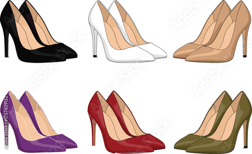 High heel shoe illustration, pointed toe stiletto design, women’s fashion footwear, elegant pumps collection, stylish color variations, fashion accessory vector set