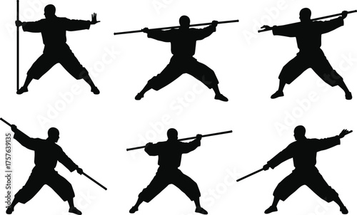 Martial Arts Stick Fighting Training Silhouettes Set: Dynamic Kung Fu or Wushu Weapon Stances and Kata Practice Vector Collection.