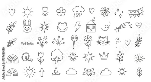 Whimsical Collection of Hand-Drawn Outline Vector Icons Cute Doodle Elements for Digital Design, Stickers, Bullet Journals, and Creative Graphic Projects