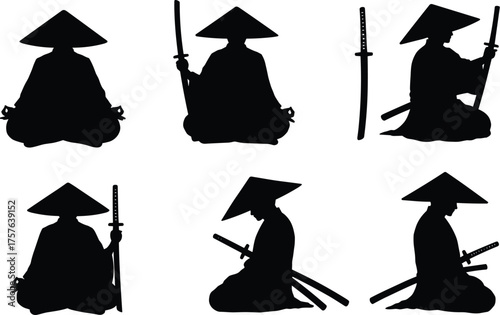 Japanese Samurai Monk Warrior Meditation Katana Silhouettes Isolated Set: Traditional Asian Martial Arts and Zen Spiritual Practice Vector Collection.