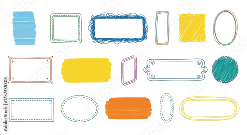 Diverse collection of hand-drawn doodle frames and decorative elements, perfect for creative design projects, borders, text emphasis, and unique graphic accents