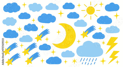 Charming hand-drawn weather and celestial elements collection, featuring playful clouds, sparkling stars, radiant sun, crescent moon, and dynamic lightning bolts for various design projects