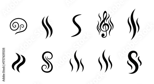 Versatile collection of abstract swirling and wavy steam, smoke, or aroma line icons, ideal for enhancing warmth, fragrance, or vapor representation in modern graphic design, UI/UX