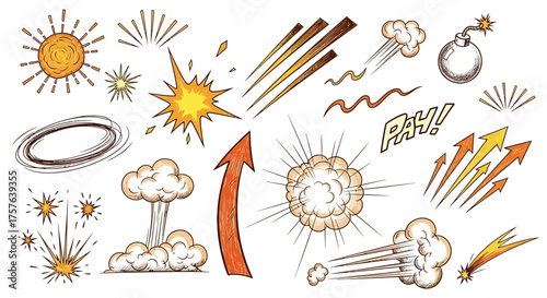 Vibrant hand-drawn comic book action effects and graphic elements set, featuring explosive blasts, powerful speed lines, sunbursts, and dynamic arrows for energetic designs and cartoon art