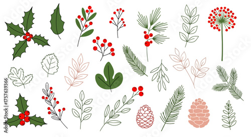 Diverse hand-drawn botanical element set featuring an assortment of green leaves, vibrant red berries, and natural pine cones, perfect for winter, holiday, and nature-themed design projects