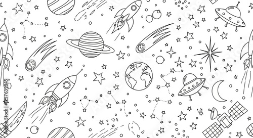 Seamless vector pattern of hand-drawn outer space elements. Doodle background with rockets, planets, stars, comets, and satellites, ideal for kids' designs