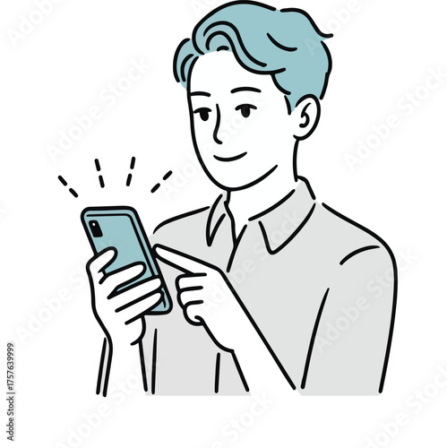 Man holding and touching a light blue smartphone with dashed lines indicating activity vector