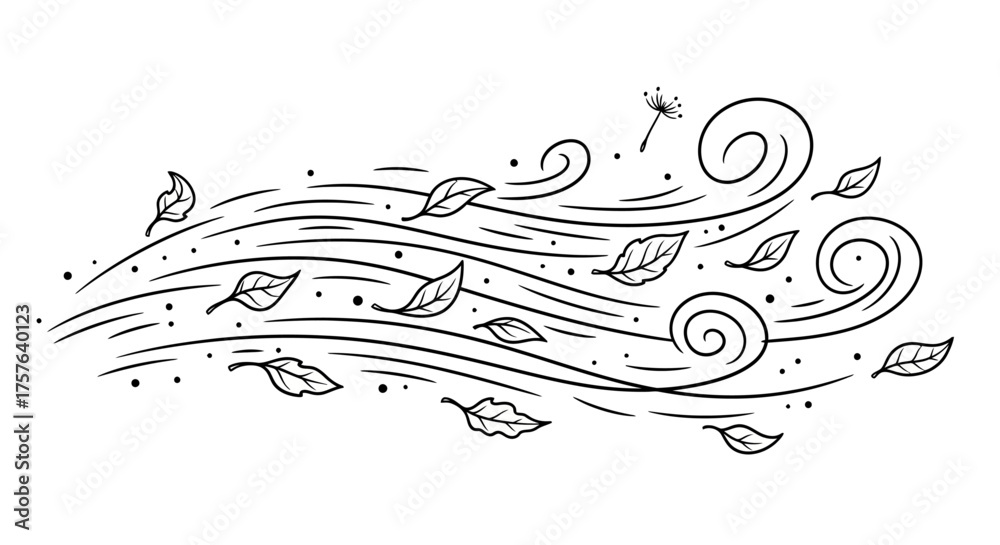 Fototapeta premium Dynamic monochrome illustration of autumn wind, depicting a powerful gust scattering swirling leaves and dust, symbolizing natural seasonal movement