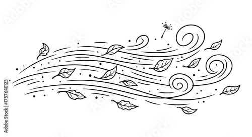 Dynamic monochrome illustration of autumn wind, depicting a powerful gust scattering swirling leaves and dust, symbolizing natural seasonal movement
