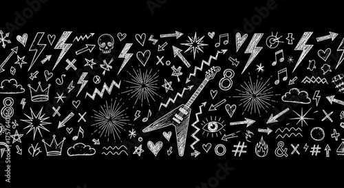 Dynamic hand-drawn grunge doodles and symbols on a black background, featuring electric guitar, lightning bolts, stars, hearts, and musical notes, ideal for edgy design projects and creative patterns