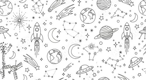 Whimsical Galactic Journey A Seamless Black and White Space Pattern Featuring Planets, Rockets, Stars, and Cosmic Elements for Creative Designs