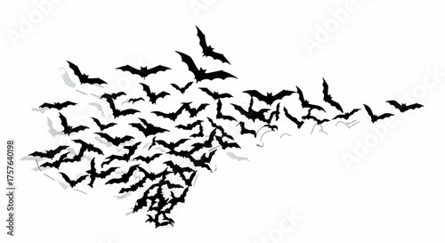 A swarm of black bats flying in a chaotic formation against a white background