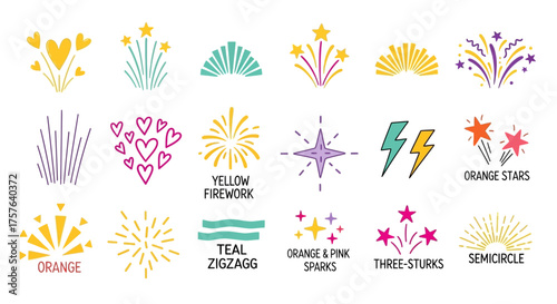 Dynamic collection of abstract graphic elements featuring colorful fireworks, radiant sparks, and joyful explosion symbols, ideal for holiday themes and festive design projects