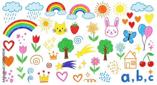 Vibrant collection of playful, hand-drawn crayon doodles featuring rainbows, suns, clouds, hearts, flowers, animals, and charming elements, perfect for children's designs and creative projects