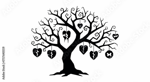 Symbolic bare tree adorned with broken hearts, representing loss and heartbreak