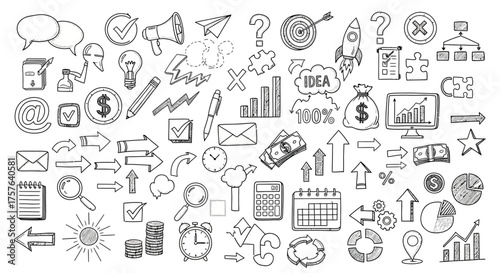 Extensive hand-drawn business doodle icon set. Covers communication, finance, technology, analytics, and idea generation for modern design and marketing projects