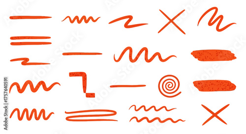 Vibrant collection of hand-drawn red orange highlighter marker lines, squiggles, brush strokes, and crosses for emphasis, correction, and artistic design elements on a clean white background