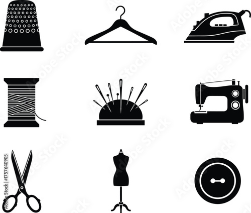 sewing, fashion, tailoring, garment, clothing, textile, thread, button, scissors, mannequin, iron, hanger, thimble, needle, design, sewing tools, fashion icons, tailoring equipment, garment design, 