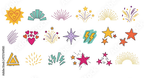 Playful hand-drawn doodle graphic elements featuring stars, hearts, suns, lightning bolts, and energetic bursts. Ideal for vibrant celebration designs