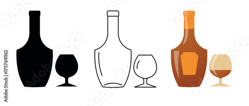 Alcohol bottle icons, glasses, premium cognac, flat image collection, party concept, design. Alcohol sales, drinks, set, vector graphics, cognac bottle silhouettes, line art, outline