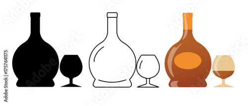Alcohol set, cognac bottle and glass icons, flat icon, line outline, silhouette, bar design, alcohol sales. Minimalistic icons for drinks, festivals, alcoholism, premium cognac, rum, and whiskey
