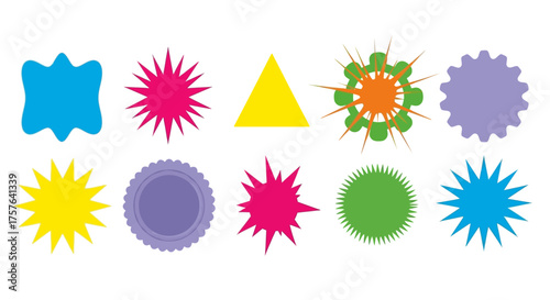 Vibrant collection of abstract starbursts, geometric shapes, and dynamic decorative elements, perfect for modern graphic design projects, labels, badges, and visual accents