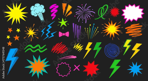 Energetic graphic elements collection with hand-drawn starbursts, lightning bolts, pop art explosion effects, and abstract squiggles for dynamic comic-style designs and creative projects