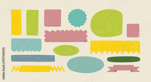Delightful collection of whimsical hand-drawn doodle shapes, pastel labels, and unique decorative banners, perfect for creative graphic design projects