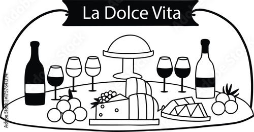 La Dolce Vita Mediterranean Dinner Chalk Vector | Hand Drawn Italian Food Illustrations for Menus, Weddings & Wine Events