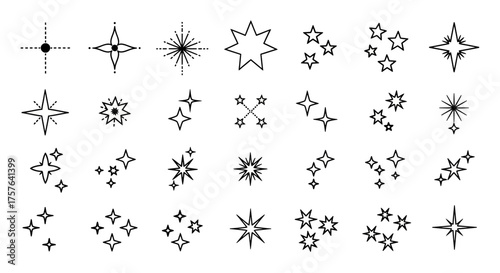 Set of Elegant Outline Sparkle and Star Icons Diverse Collection of Shimmering Effects, Twinkling Lights, and Glimmering Star Shapes for Graphic Design Elements and UI Applications