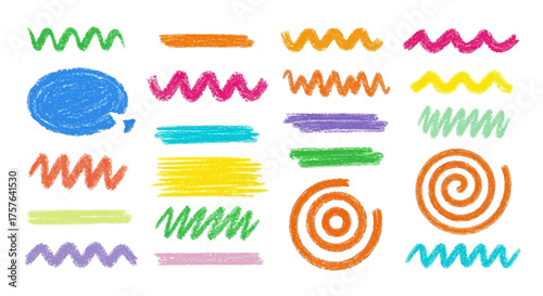 Colorful hand-drawn marker and crayon strokes, squiggles, wavy lines, and a speech bubble, perfect for playful design, highlights, and creative graphic elements