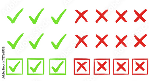 Collection of hand-drawn green checkmark and red cross symbols, representing right, wrong, approval, disapproval, acceptance, and rejection, ideal for checklists, surveys, or feedback