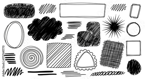 Collection of diverse hand-drawn scribble and crosshatch graphic elements, abstract doodle shapes for creative design projects and artistic textures