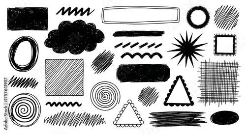 A versatile collection of hand-drawn scribble shapes, abstract graphic elements, and doodle textures in black and white, perfect for design projects and creative overlays with a unique, artistic touch