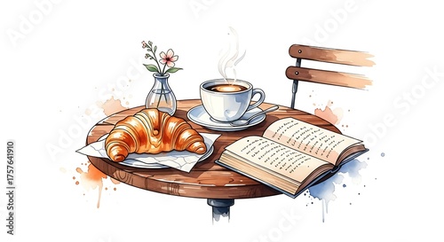 Watercolor illustration of a croissant, coffee, book, and flowers on a table isolated on white background