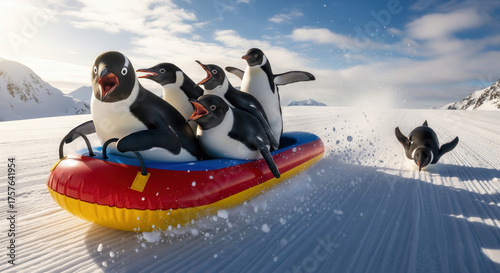 Funny and joyful winter scene of a group of playful penguins rides down a snowy hill in a inflatable sled